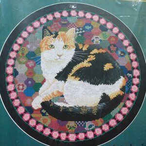 Vintage 90s Cat Cross Stitch Kit with Cloth, Chart and Floss "Becky on Hexagons"